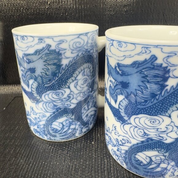 Vintage Chinese Blue Dragon Serpent Coffee Mug Cup Set 2 Stoneware Ceramic Mugs - Picture 2 of 12